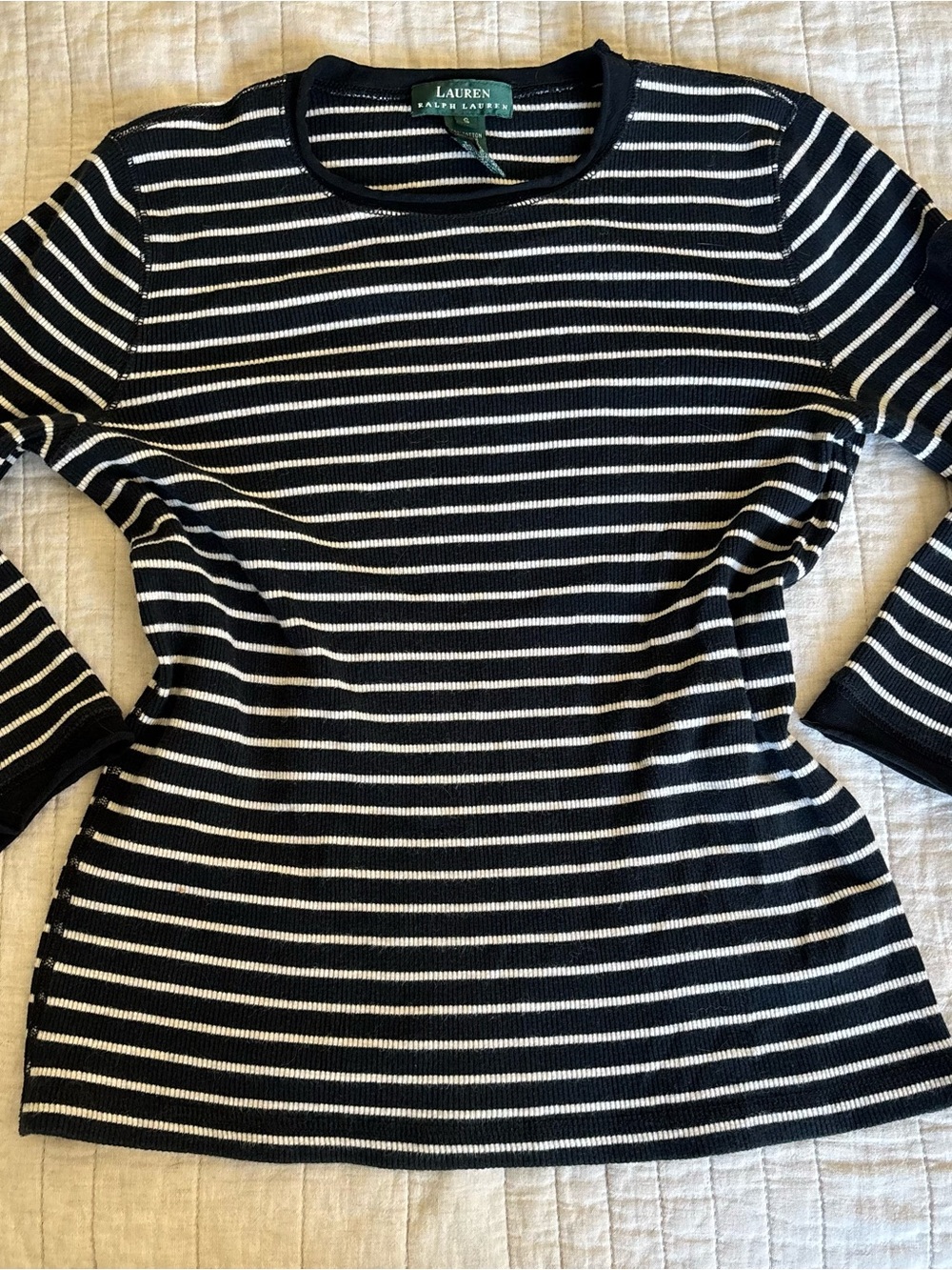 Lauren Ralph Lauren Black and White Striped Long Sleeve Ribbed Tee